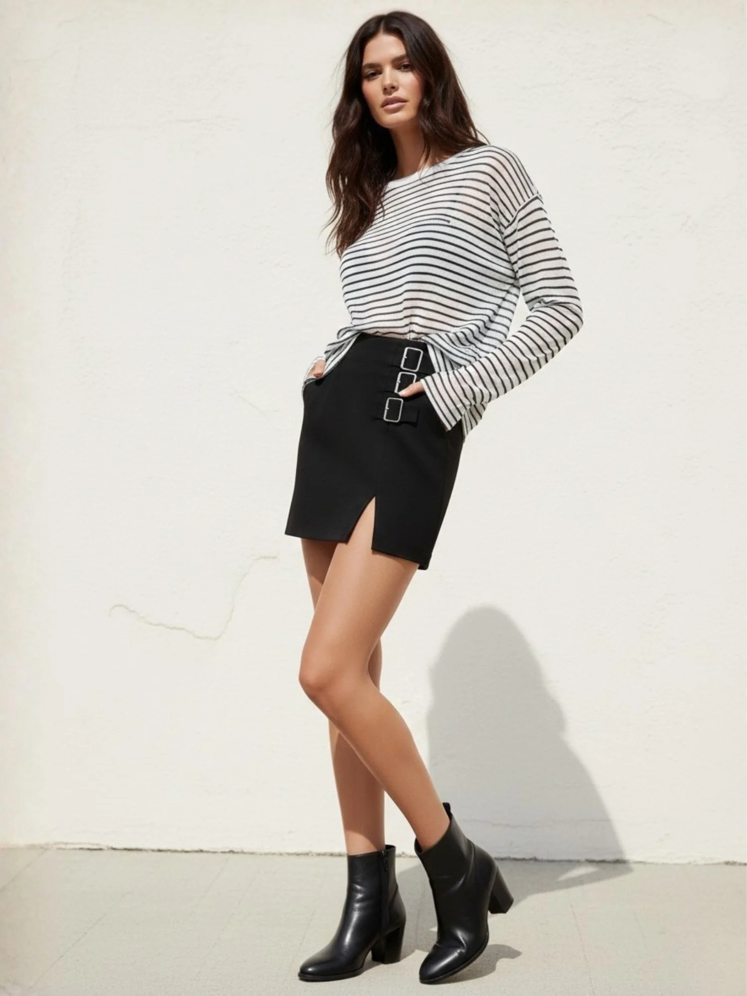 White Full Sleeve Striped Relaxed Round Neck T Shirt - Image 3