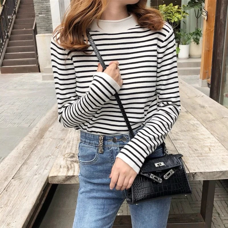 White High Neck Stripped Top