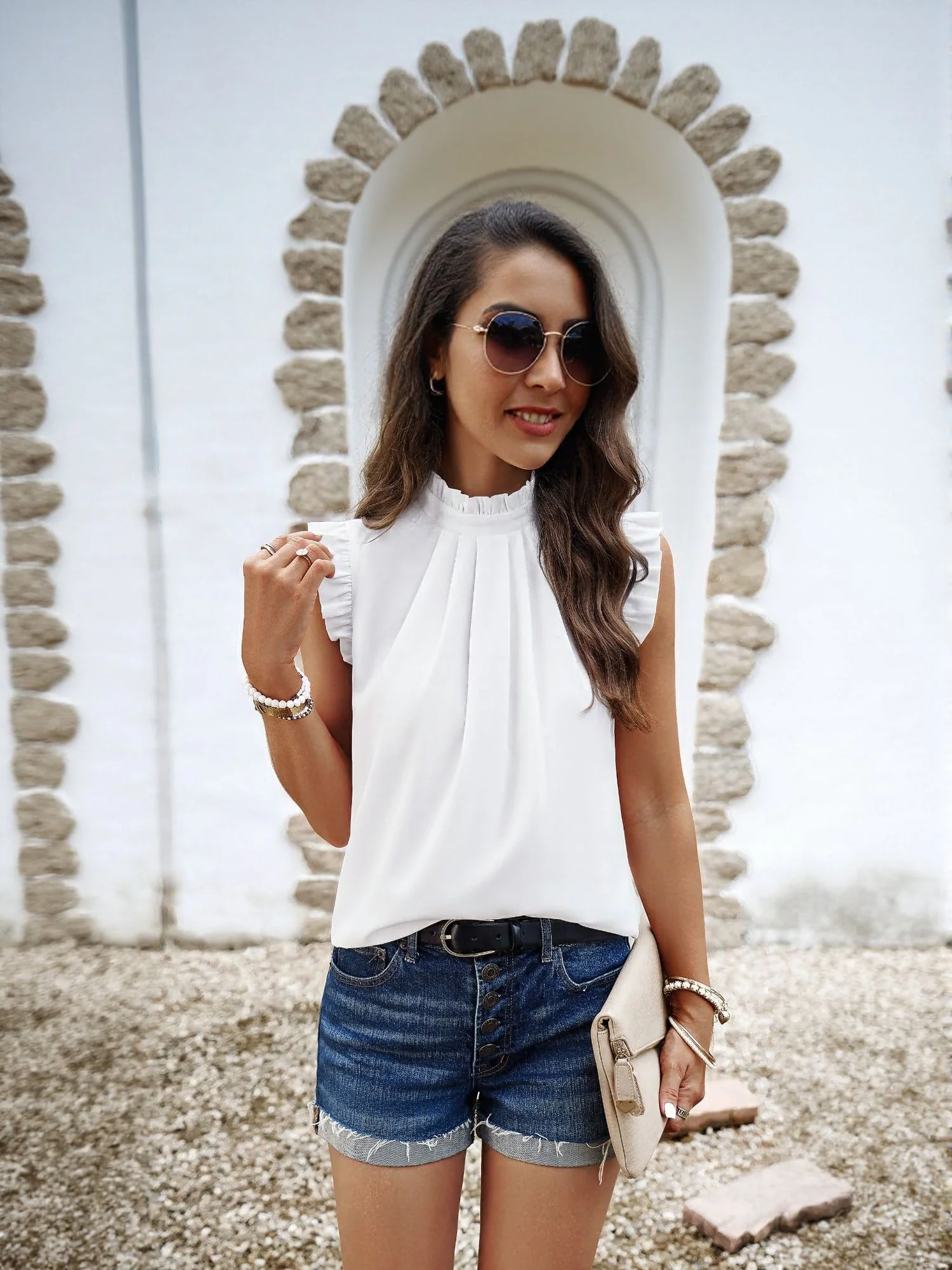White High Neck Top With Ruffle Detail - Image 2