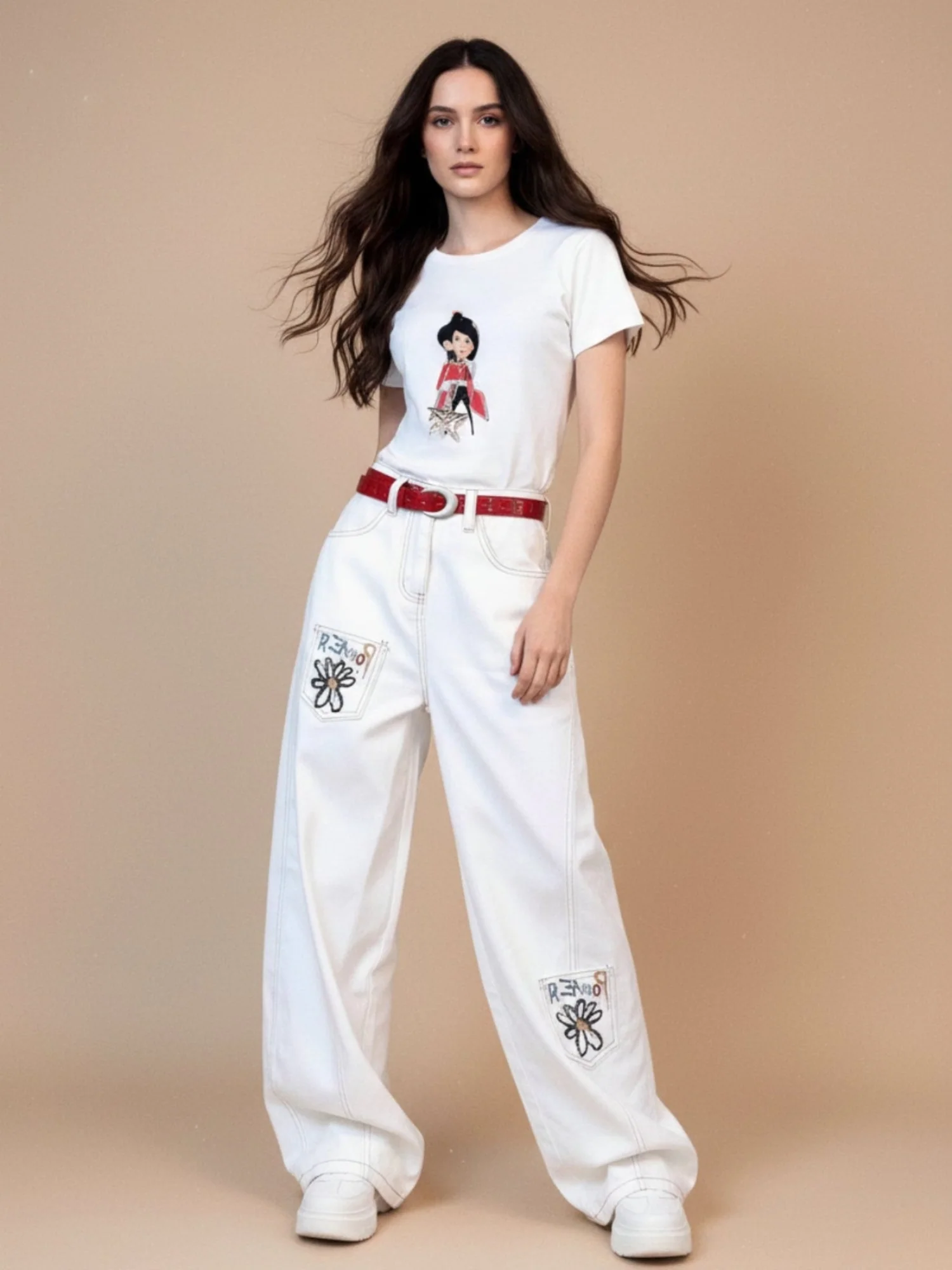 White High Waist Printed Jeans - Image 2