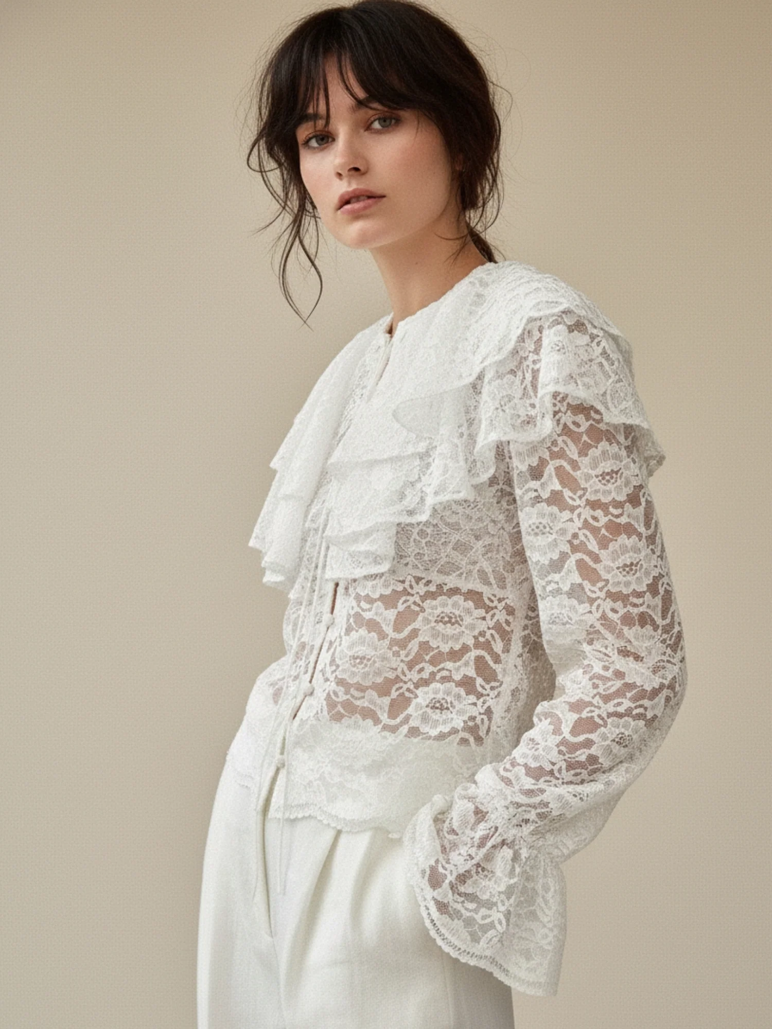 White Lace Ruffled Neck Front Button Down Top - Image 2