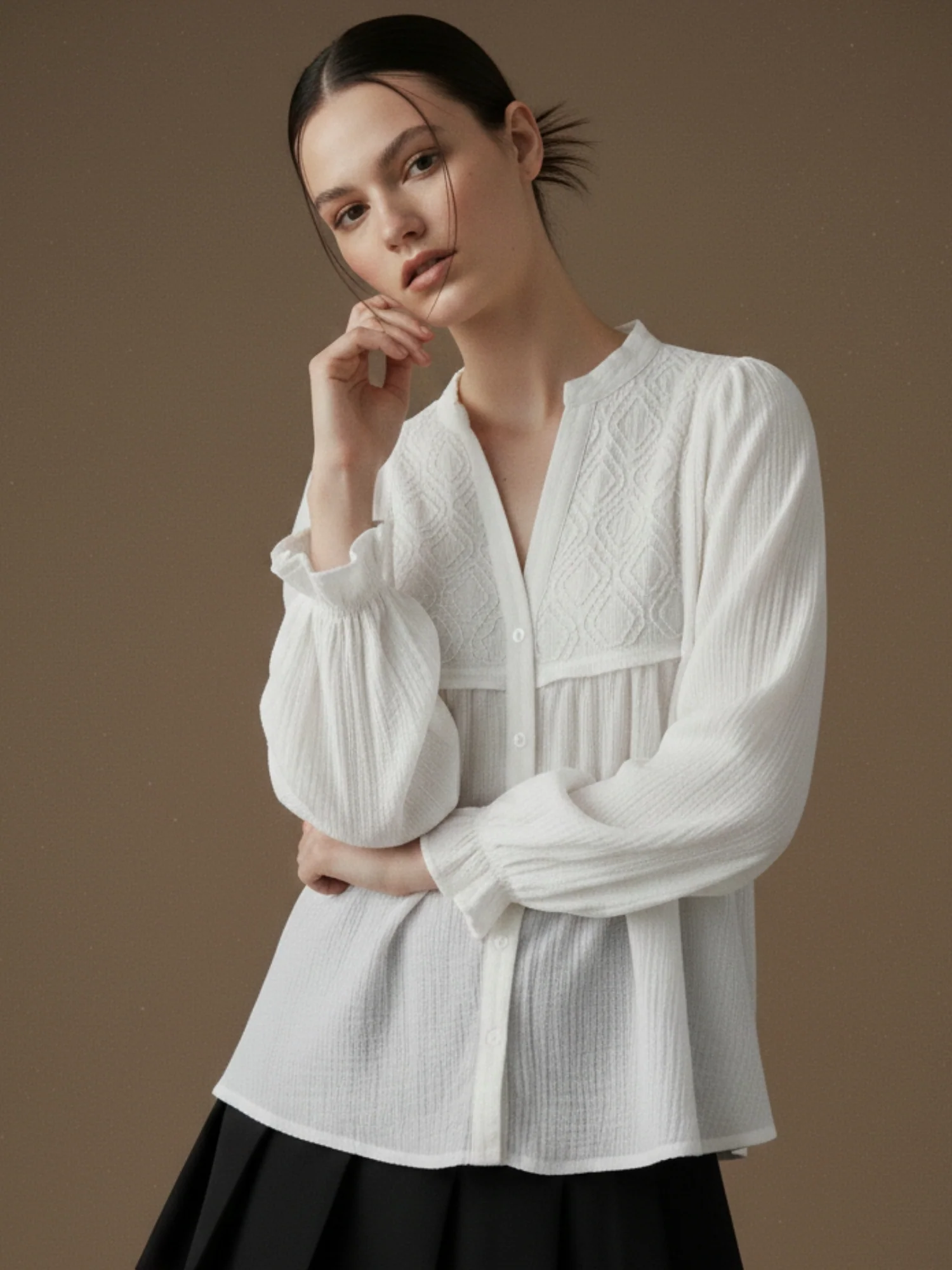 White Mandarin Collared Flowy Shirt - Image 3