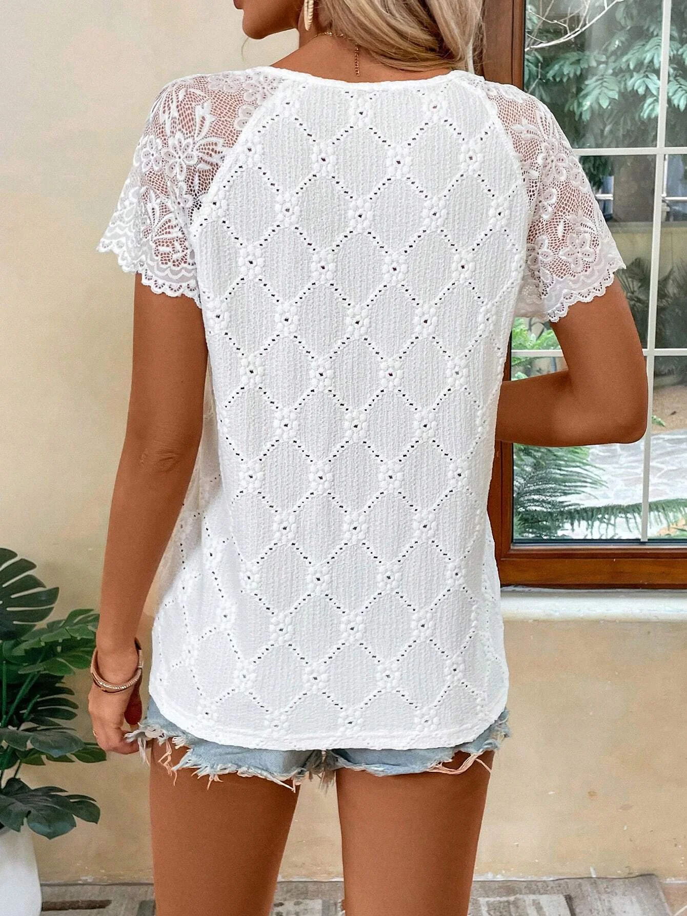 White Mesh Sleeve V-Neck Top - Image 2