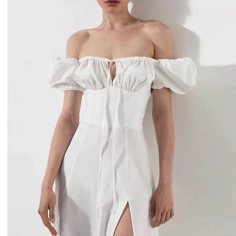 White Off Shoulder High Slit Maxi Dress