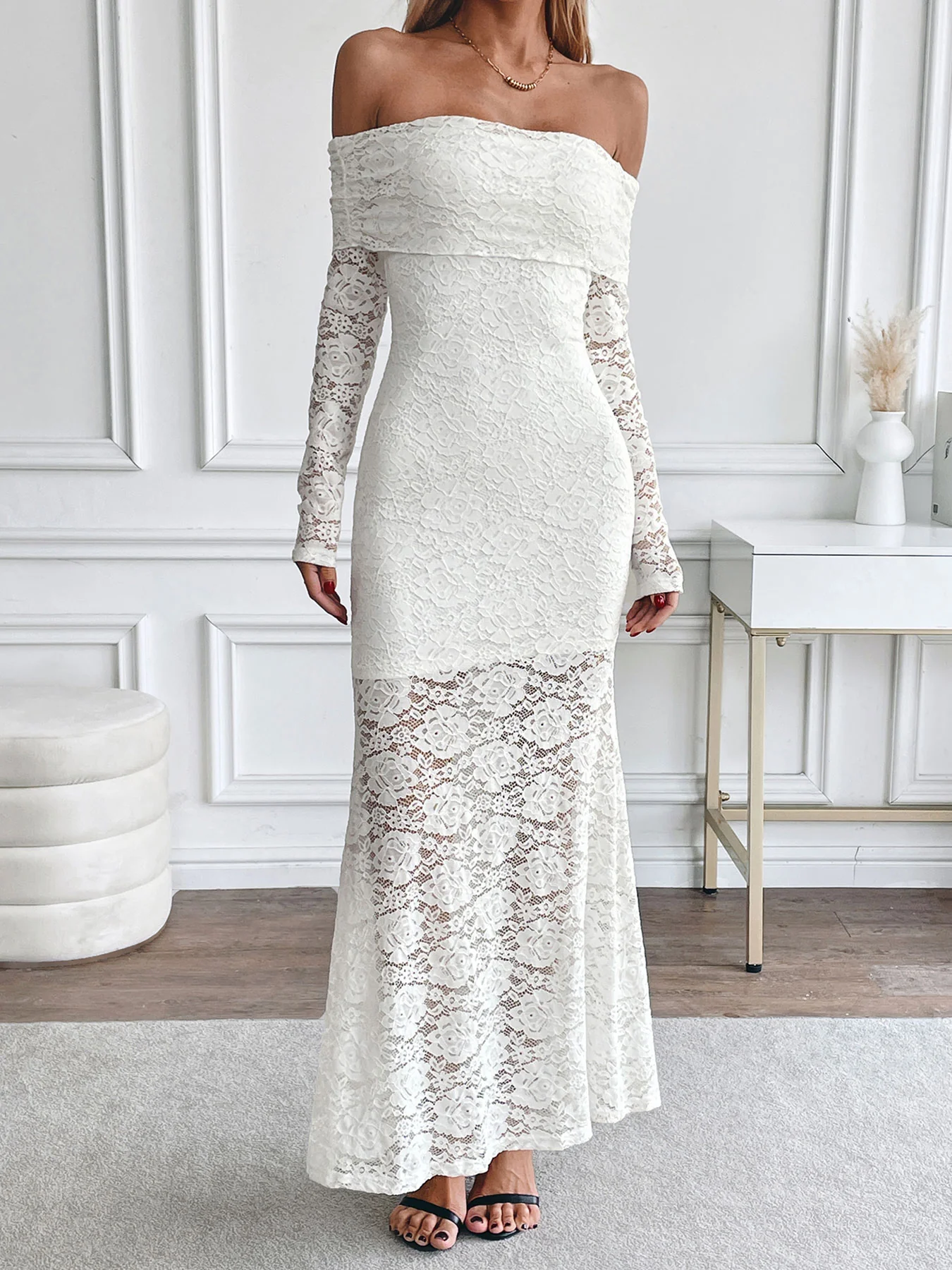 White Off-Shoulder Solid Maxi Dress - Image 2