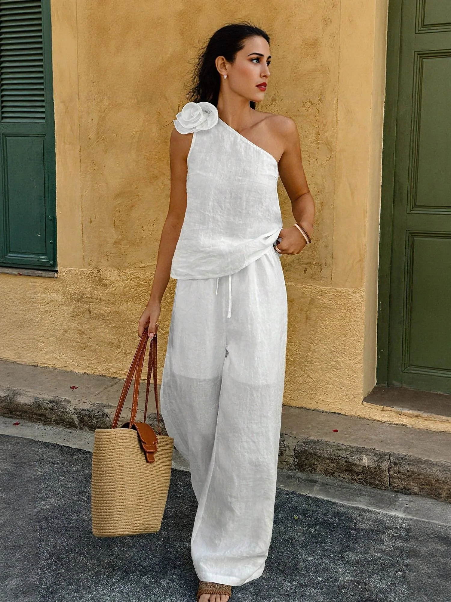 White One Shoulder Corsage Top With Wide Leg Trouser Coord Set