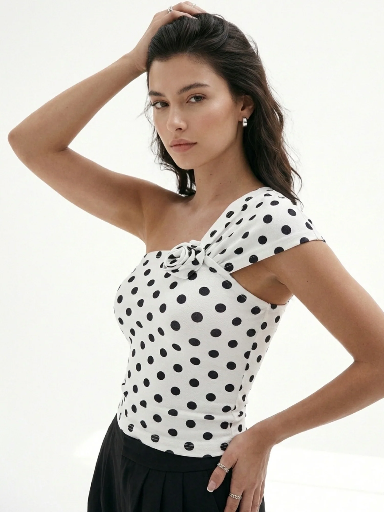 White One Shoulder Floral Polka Top - Image 3