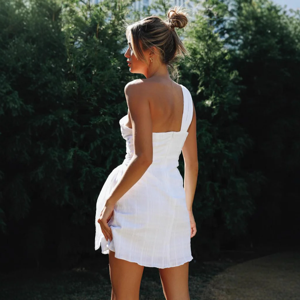 White One Shoulder Solid Mini Dress - Image 4