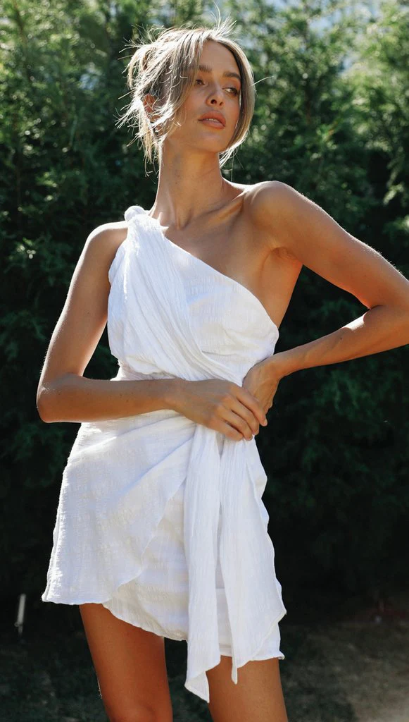 White One Shoulder Solid Mini Dress - Image 7