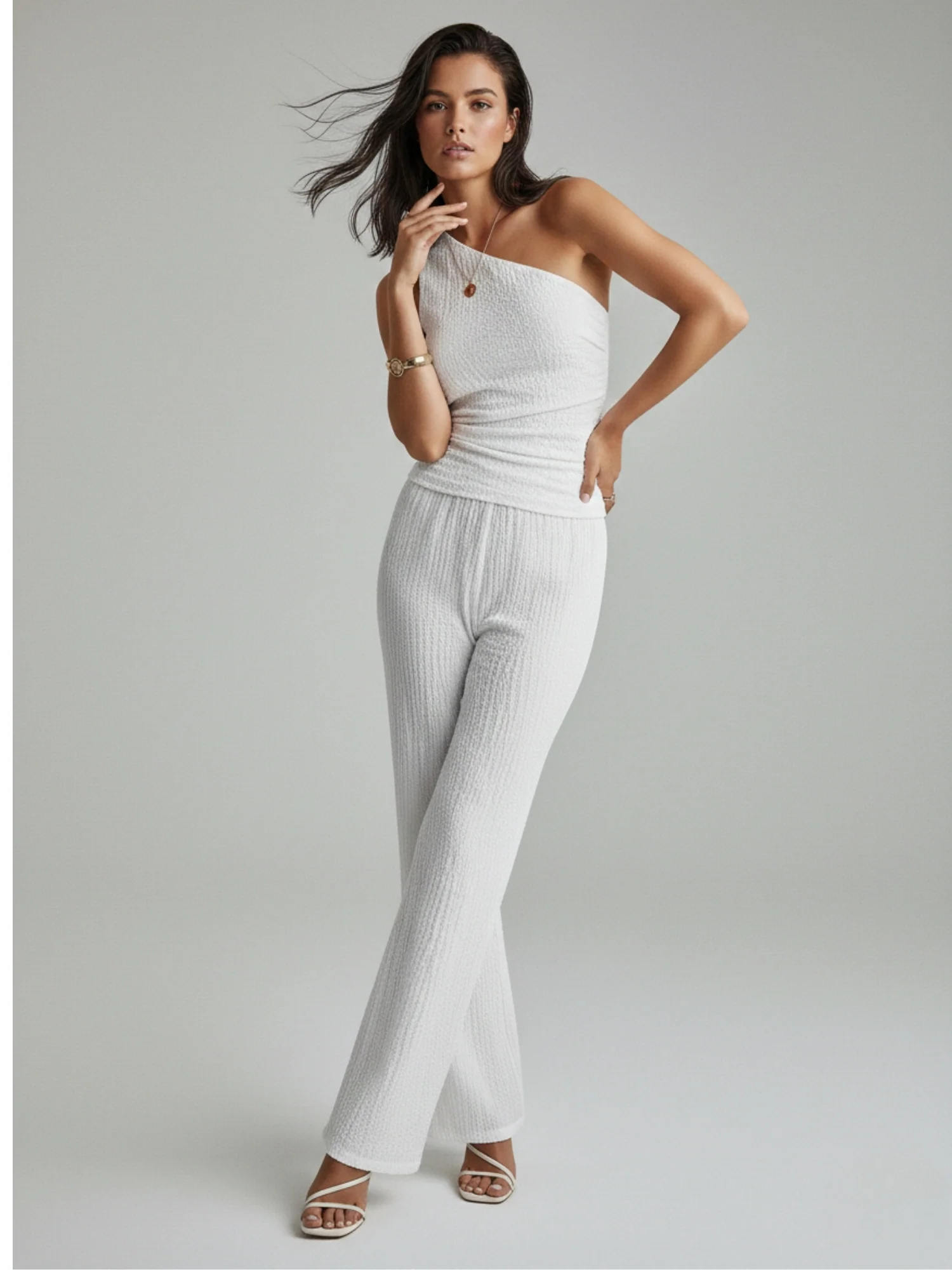 White One Shoulder Top And Pant Co-Ord Set - Image 2