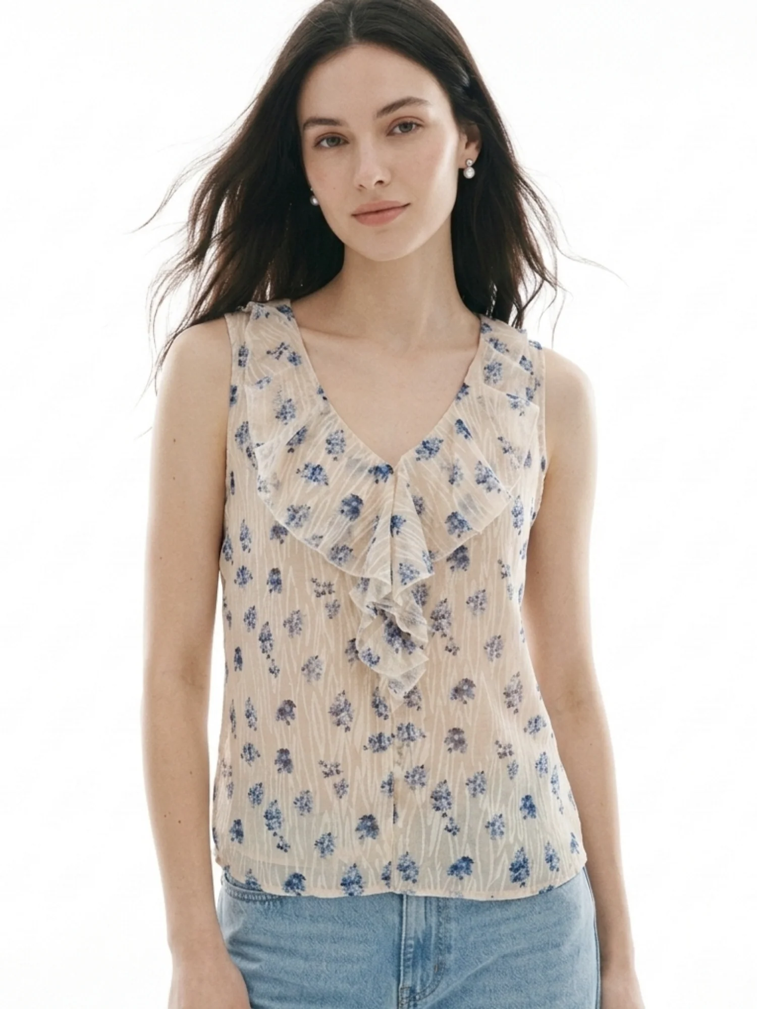 White Printed Ruffles At Neck Blouson - Image 2