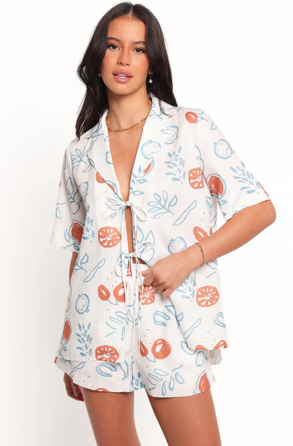 White Printed Shirt And Shorts Co-Ord Set