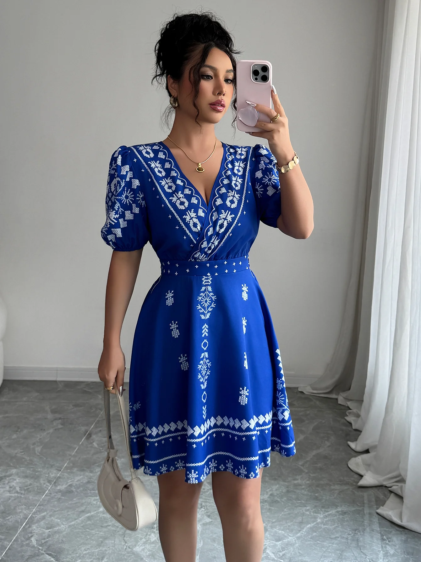 White Printed V-Neck Dress - Image 4