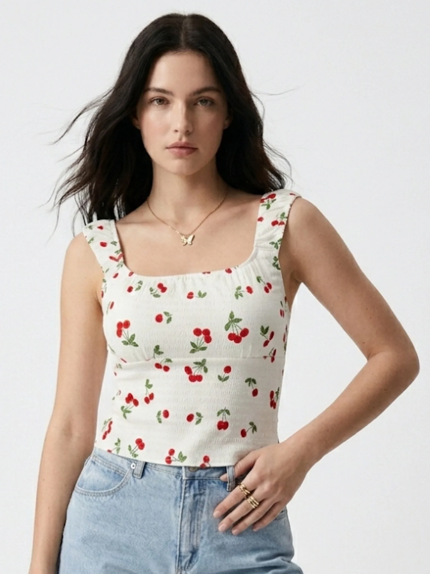 White Printed Wide Strap Top - Image 4