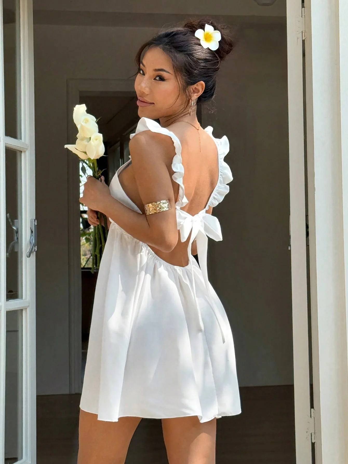 White Ruffle Sleeve V-Plunging Neck Dress - Image 3