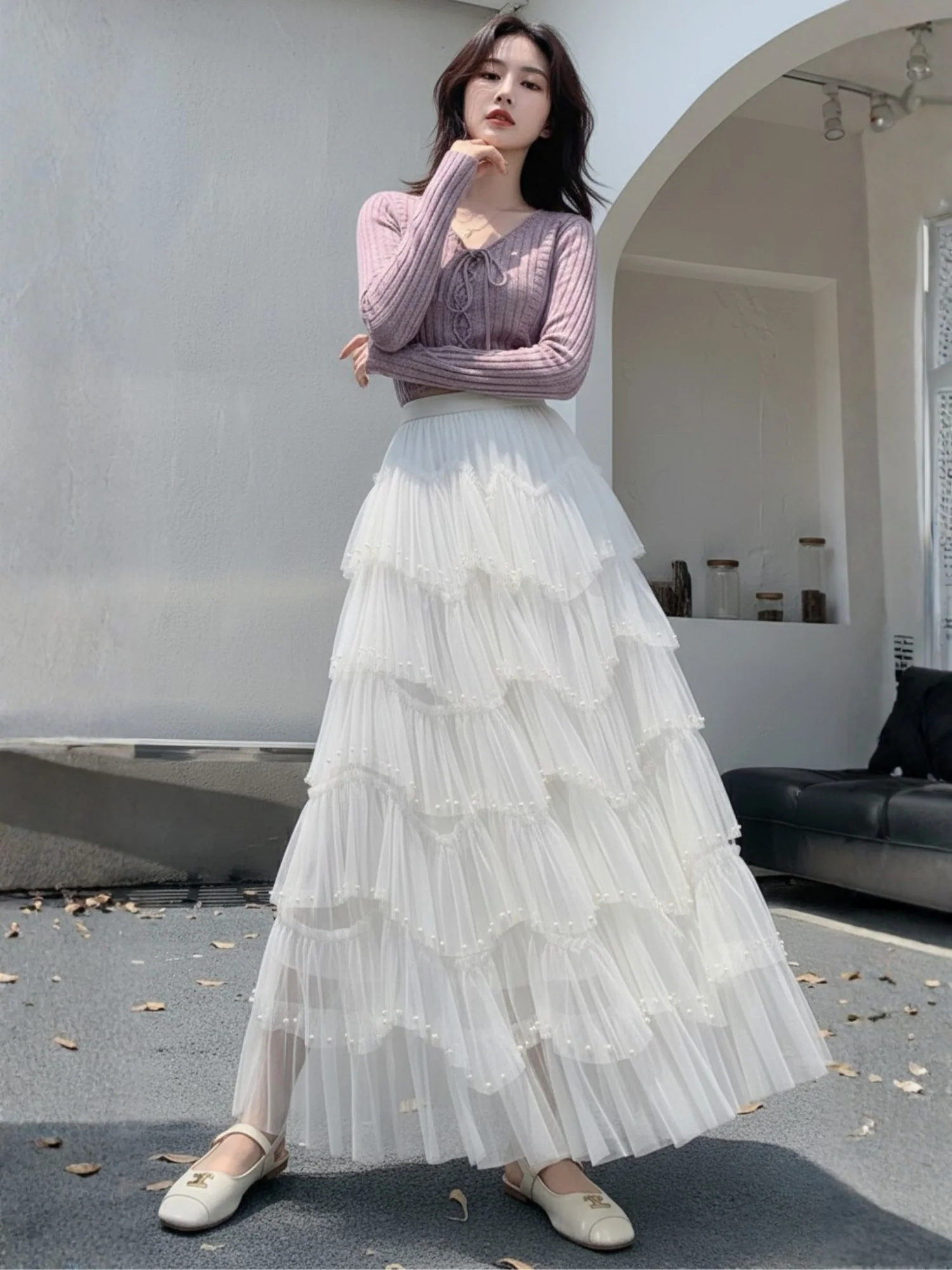 White Sheer Multi Ruffled Hem Tiered Skirt - Image 3
