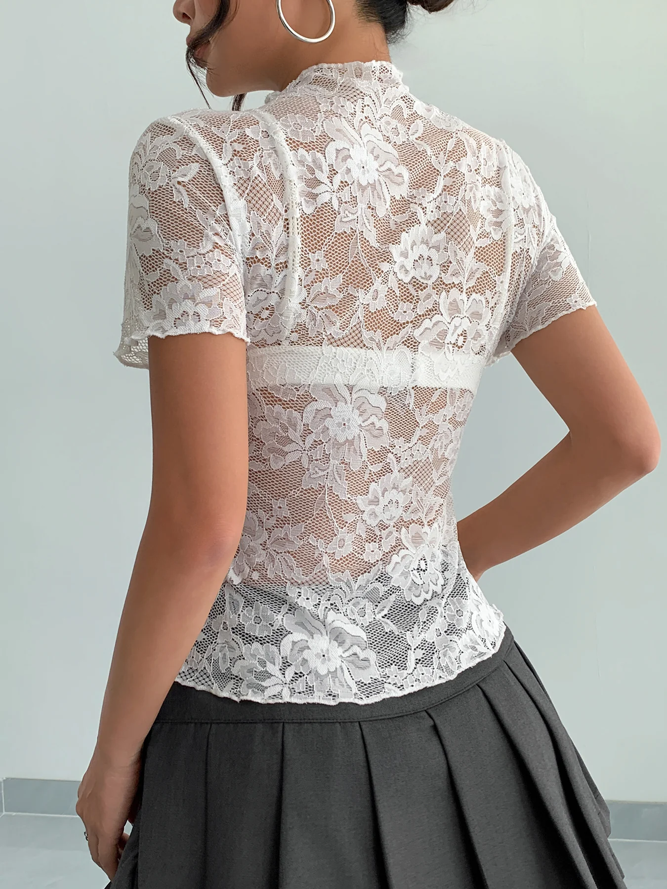 White Short Sleeve High Neck Semi Sheer Top - Image 2