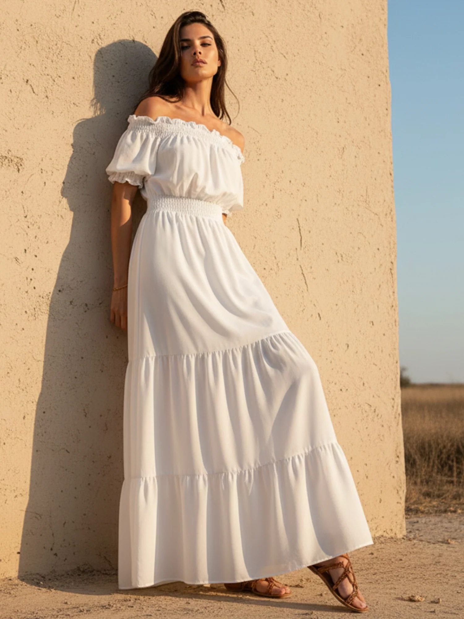 White Short Sleeve Off Shoulder Dress - Image 3