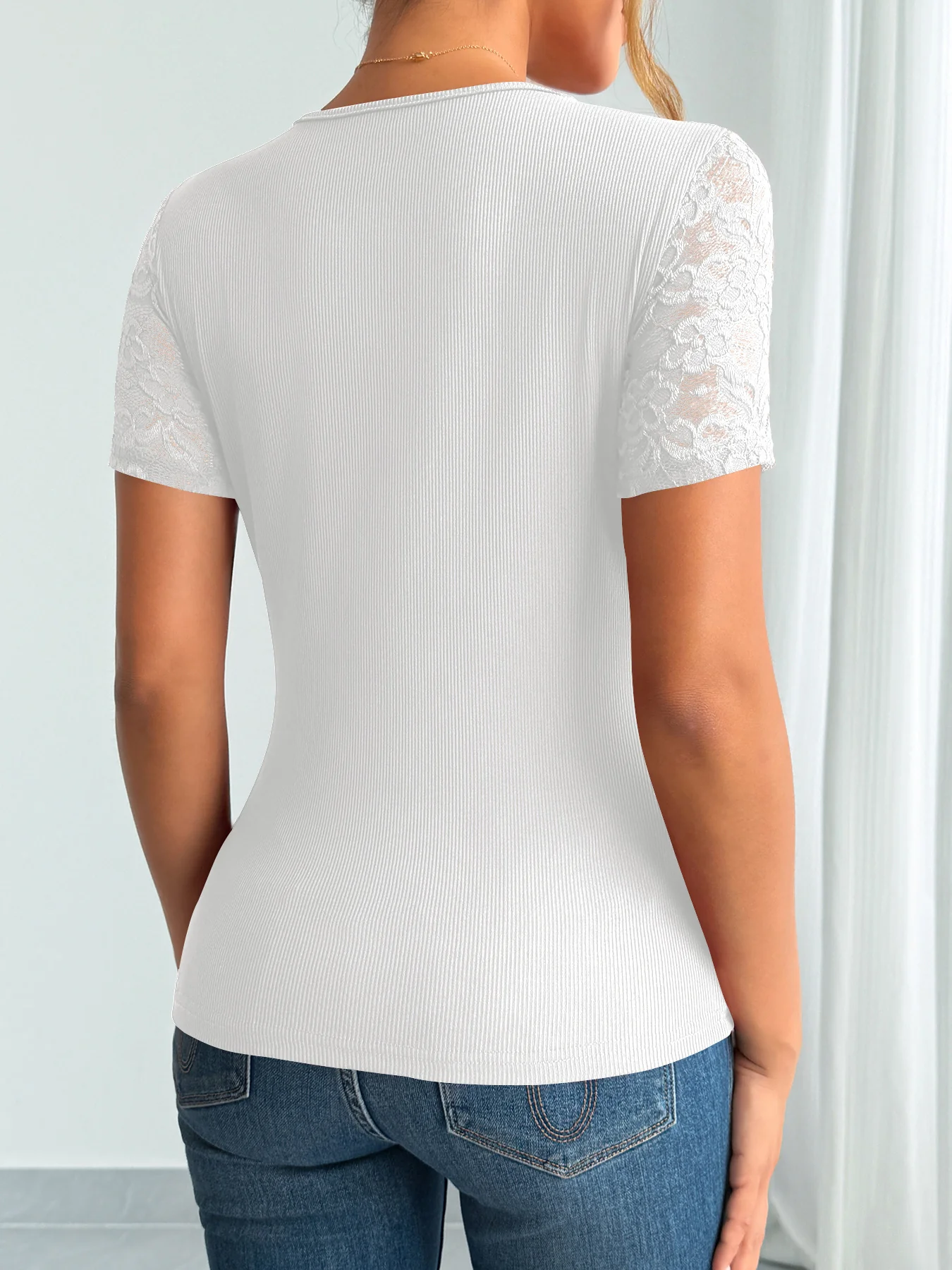 White Short Sleeve Scallop Neckline Top - Image 2