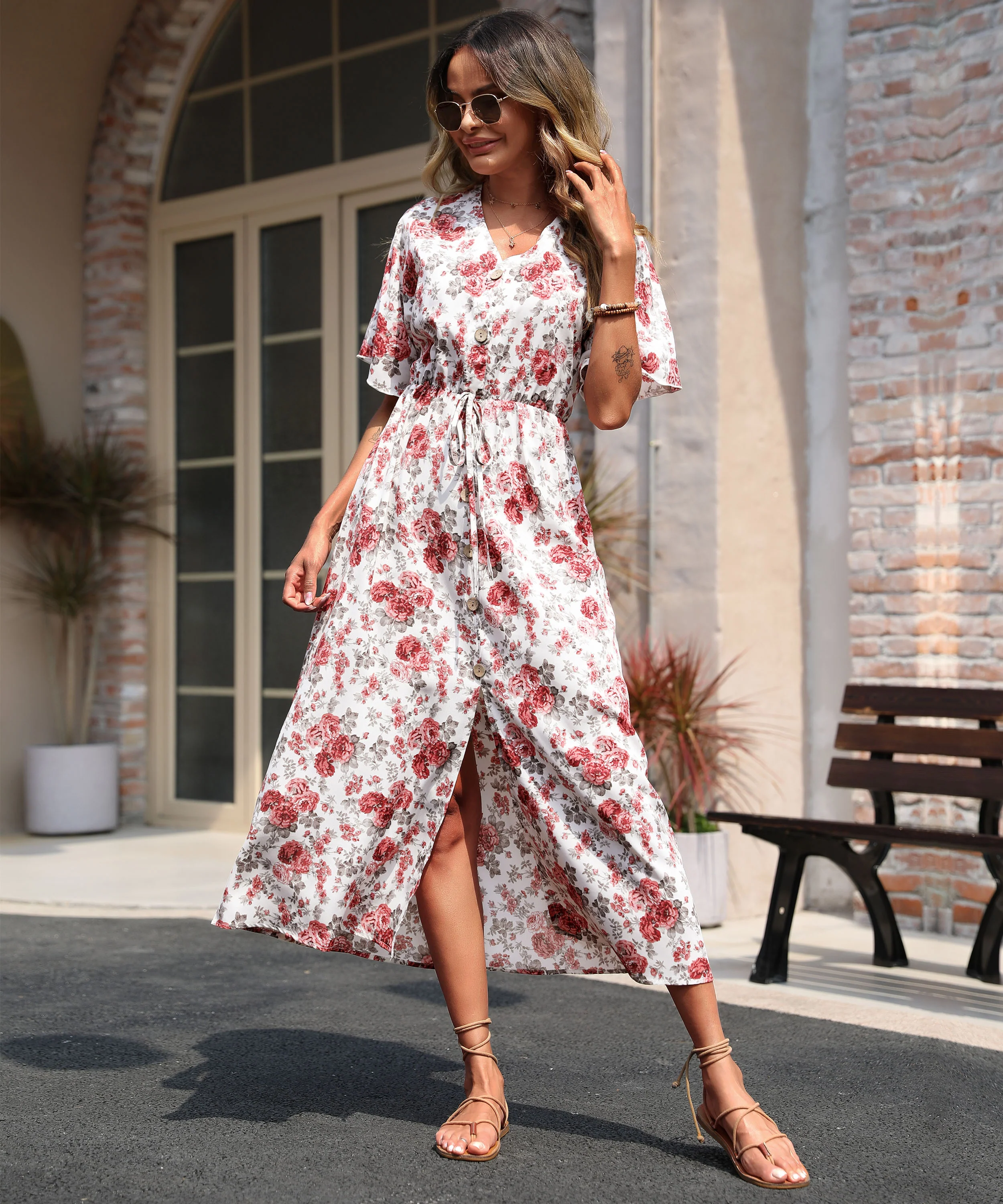 White Short Sleeve Waist Fitted Printed Slit Dress