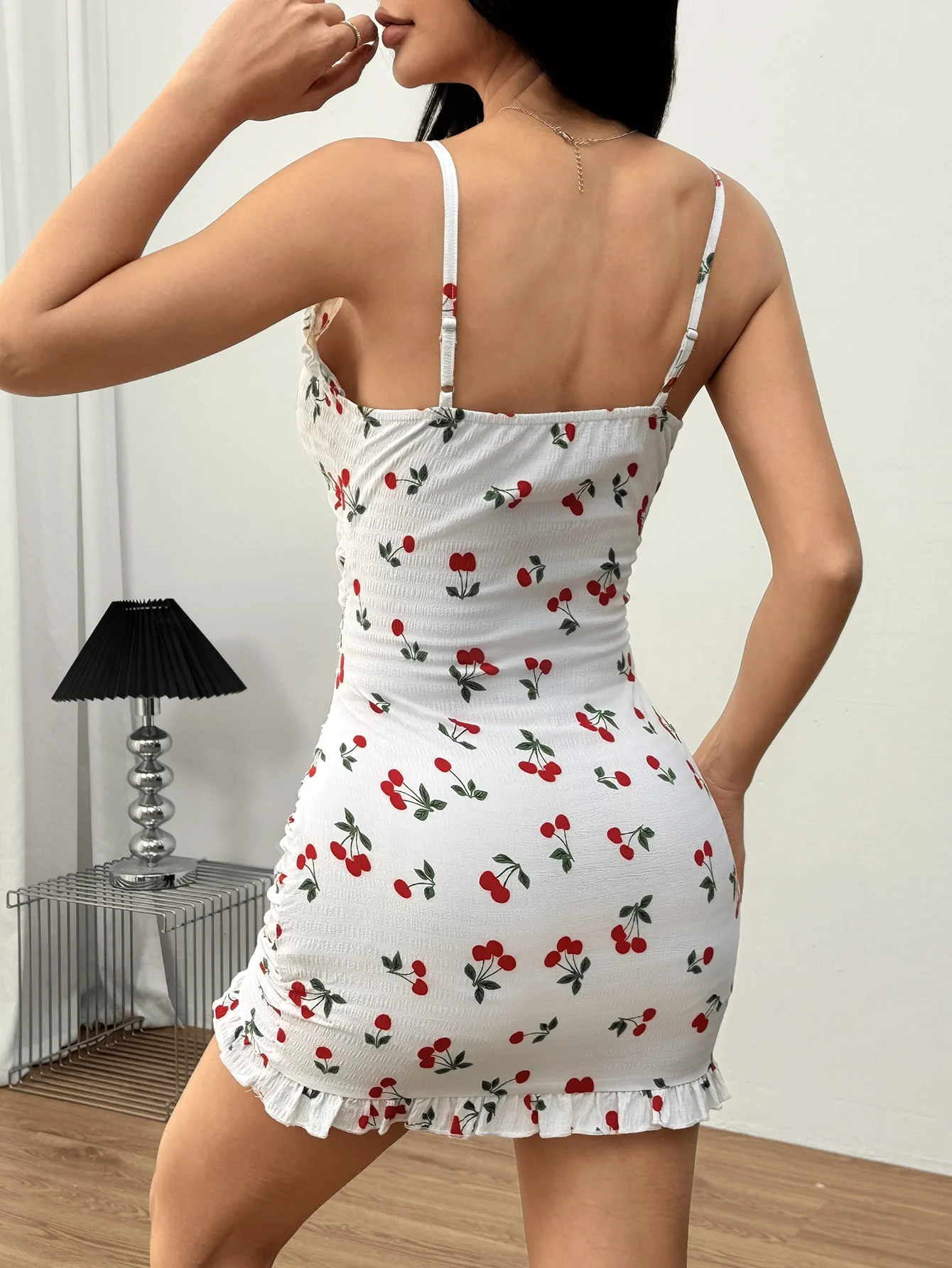 White Shoulder Strap Ruffle Hem Dress - Image 2