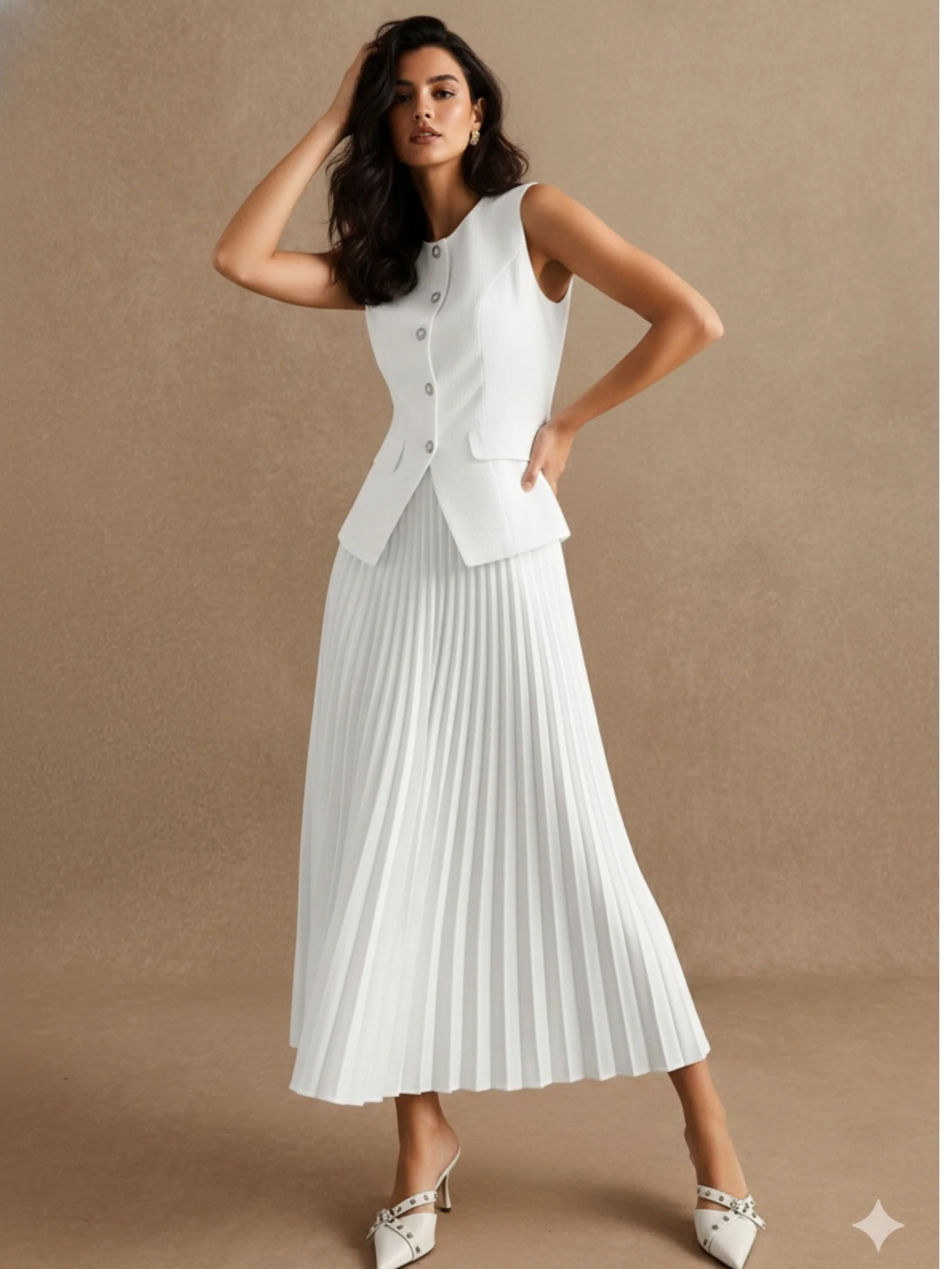 White Sleeveless Fitted Vest & Pleated Skirt Set - Image 3