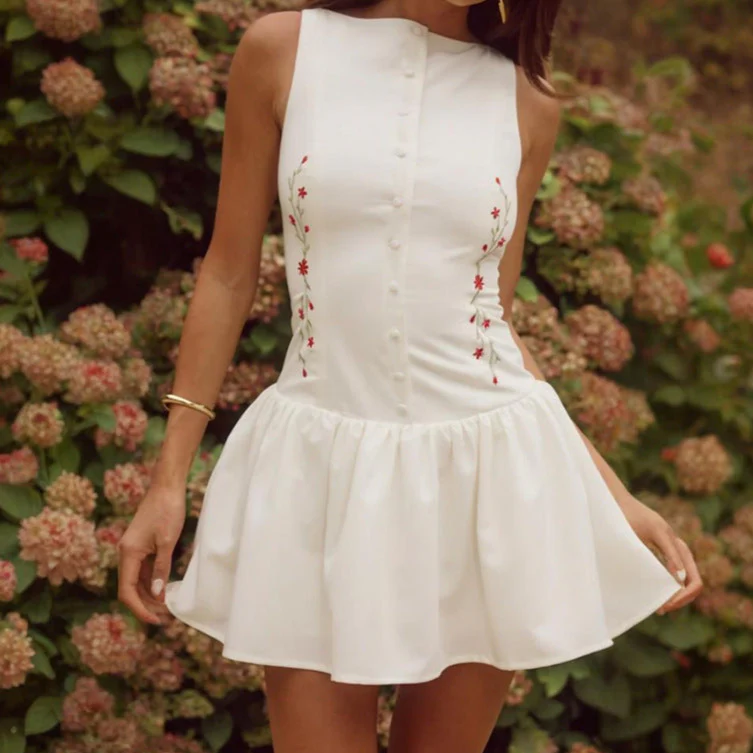 White Sleeveless Front Open Skater Dress - Image 2