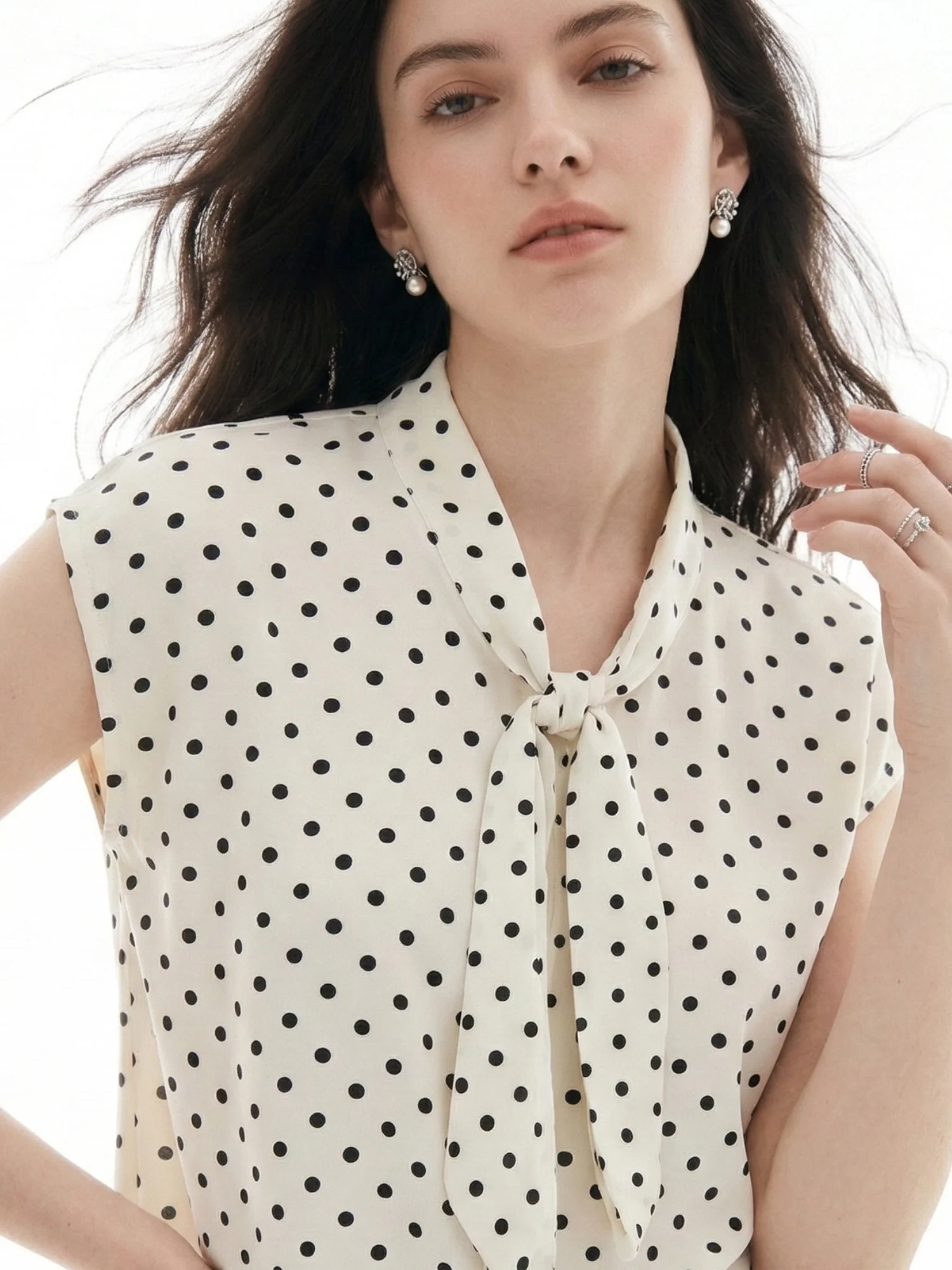 White Sleeveless Tie-Up Polka Printed Top - Image 3