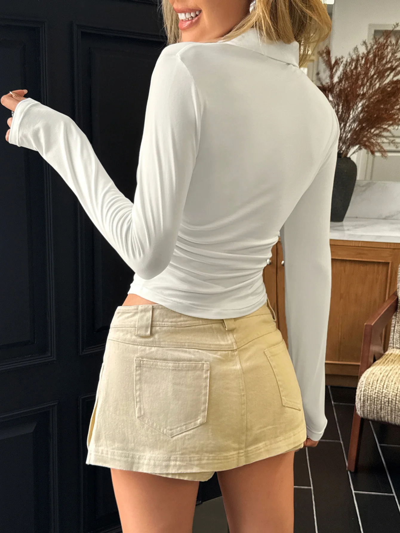White Solid Collared Fitted Top - Image 2