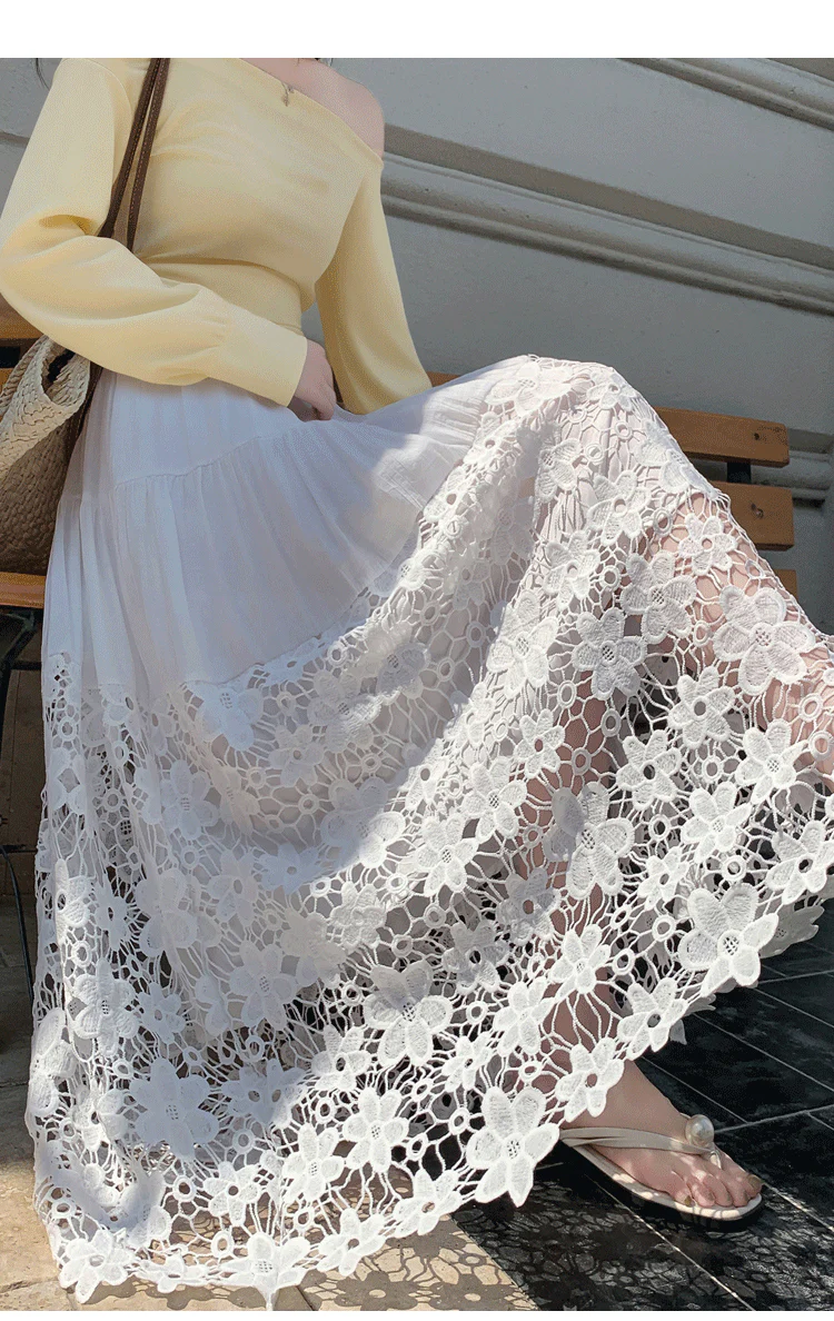 White Solid Skirt With Large Bottom Lace Hem - Image 3