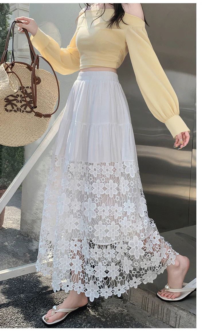 White Solid Skirt With Large Bottom Lace Hem - Image 5