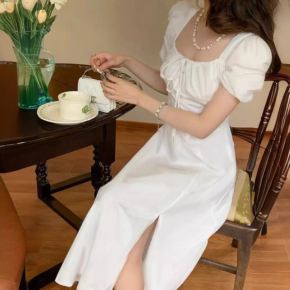 White Square Neck Midi Dress With Puff Sleeve - Image 2