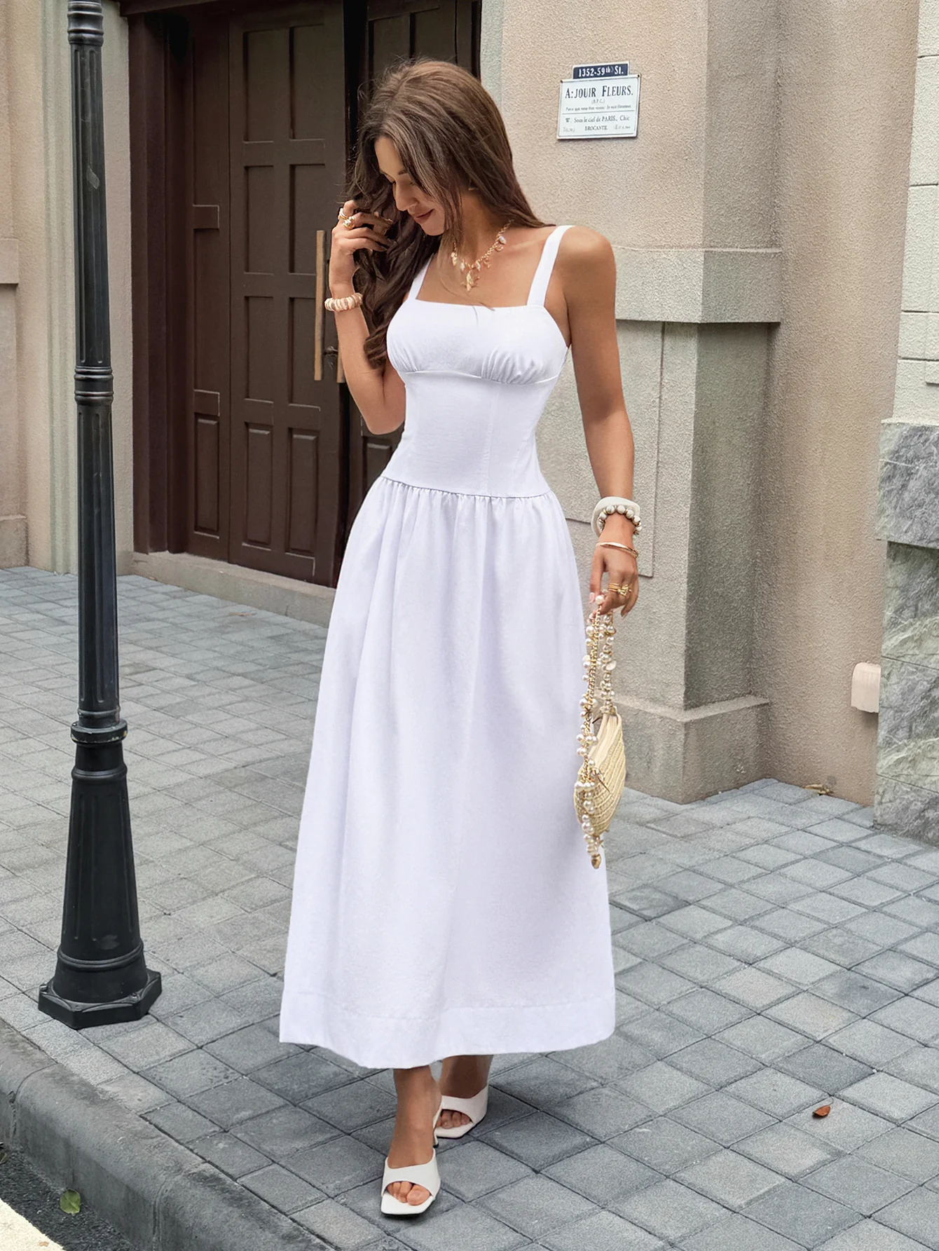 White Square Neck Strappy Cinched Waist Dress - Image 4