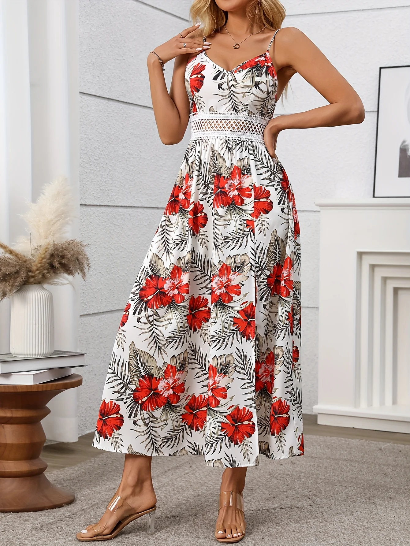 White Strappy Printed Cinched Waist Dress - Image 3
