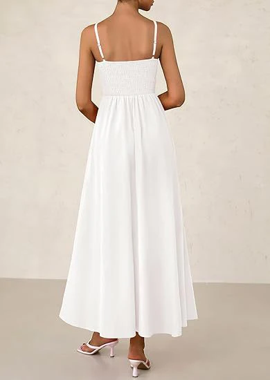 White Strappy Square Neck Cinched Waist Dress With Pockets - Image 2
