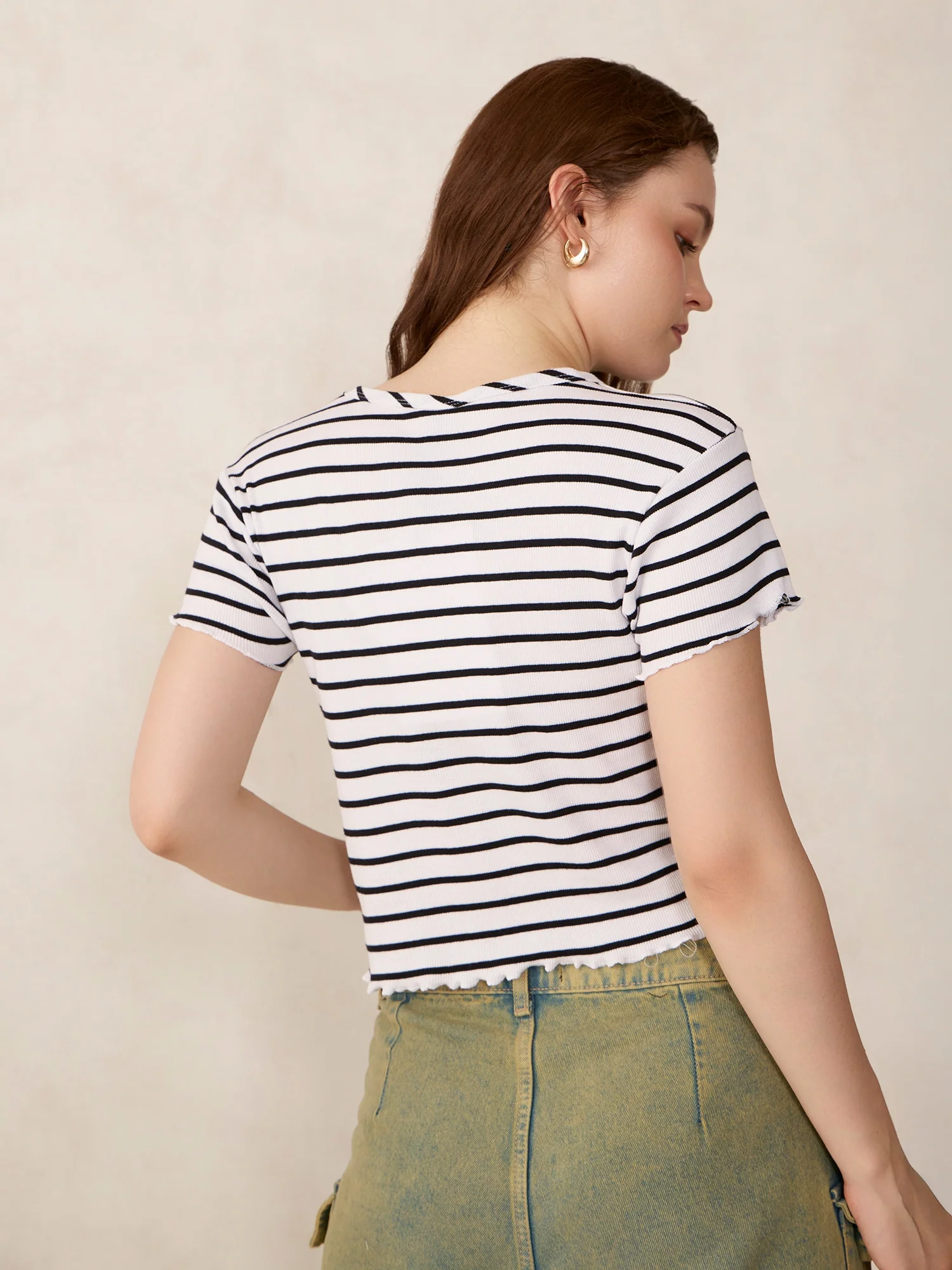 White Striped Ribbed T-Shirt - Image 2