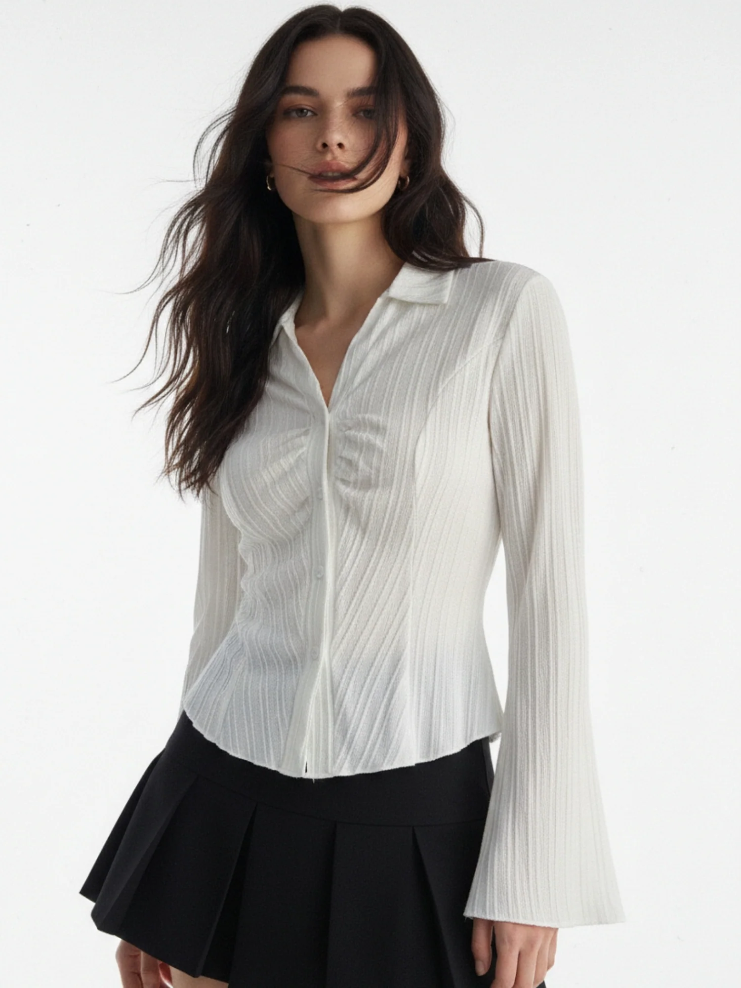 White Textured Button Down Cinched Waist Shirt