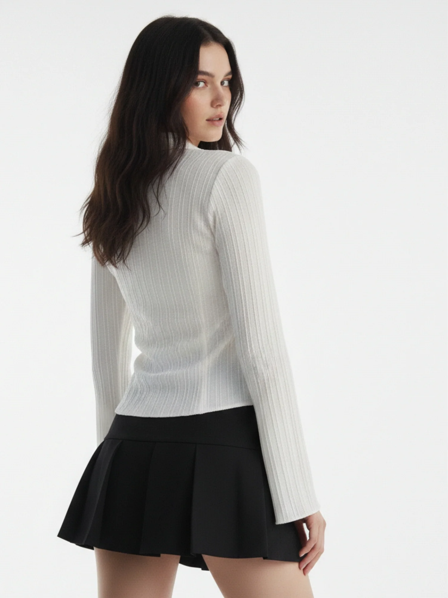 White Textured Button Down Cinched Waist Shirt - Image 2