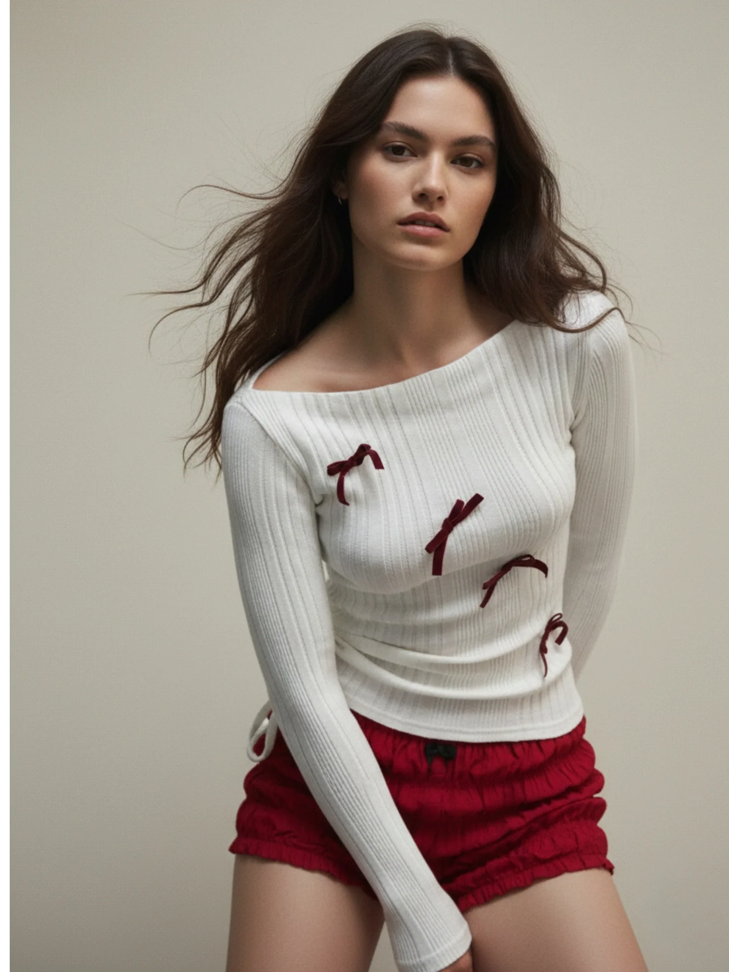 White Textured Full Sleeve Bow Detail Top - Image 3