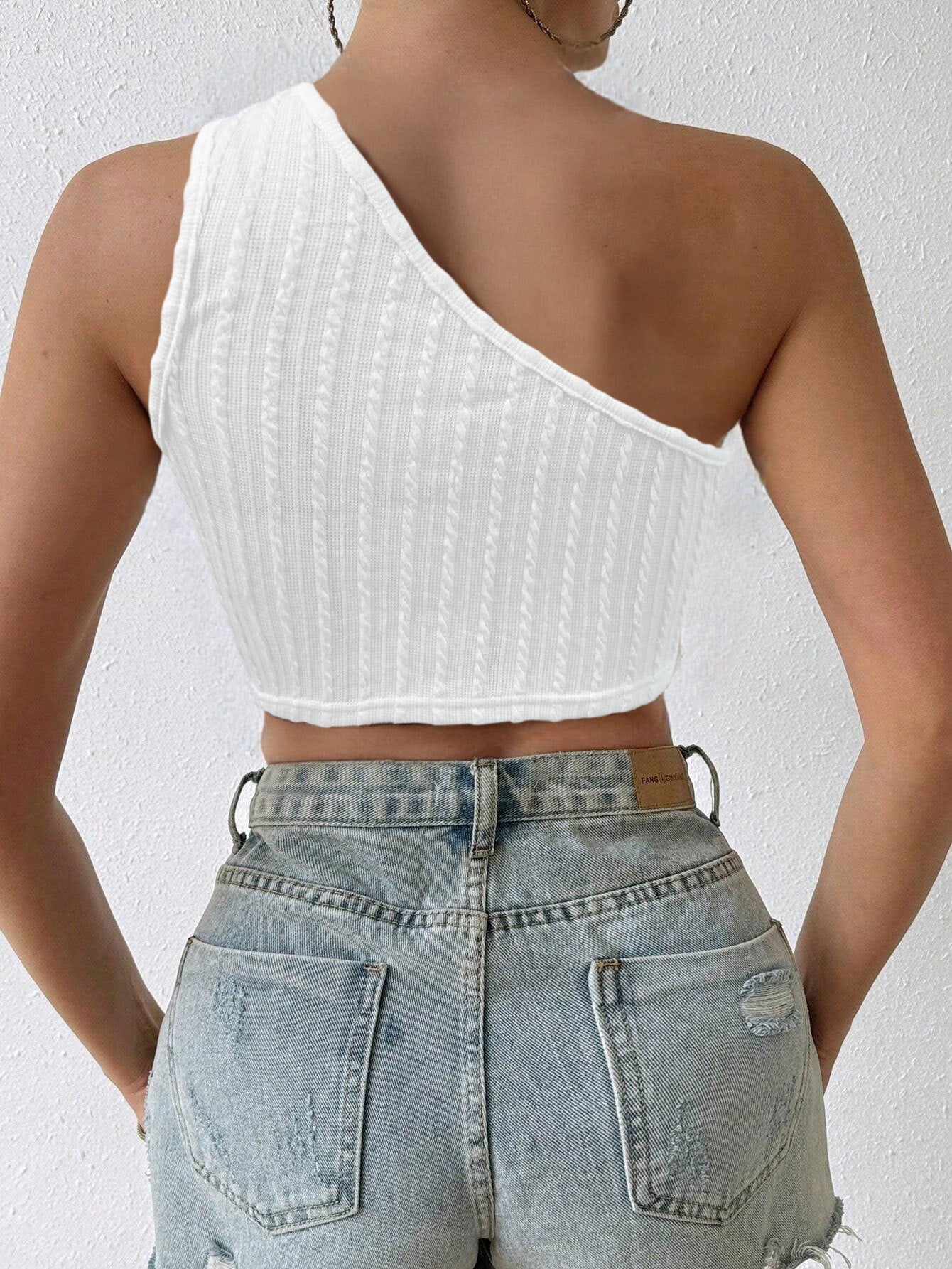 White Textured Knit One Shoulder Tassel Hanging Top - Image 2