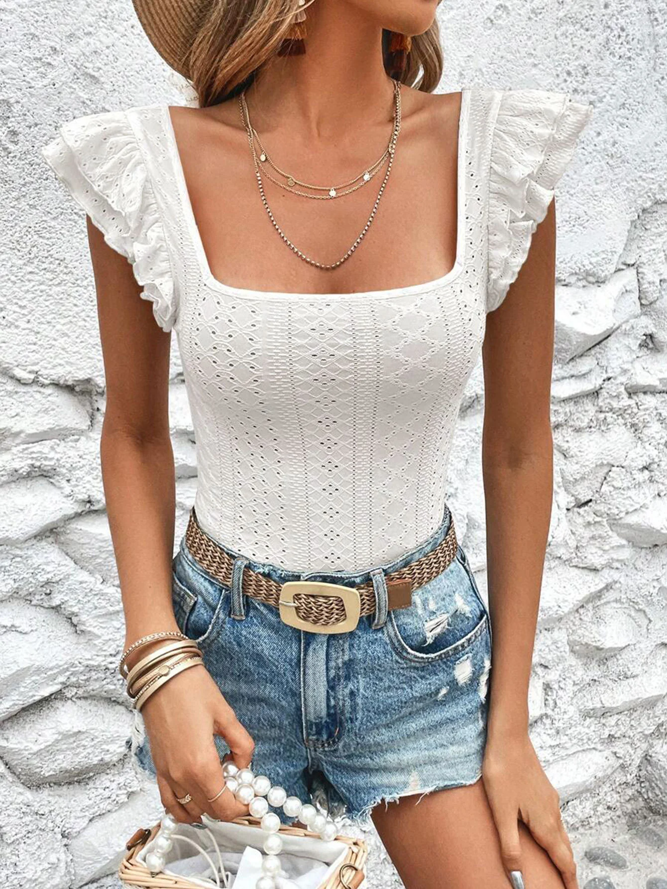 White Textured Knit Ruffle Sleeve Top - Image 5
