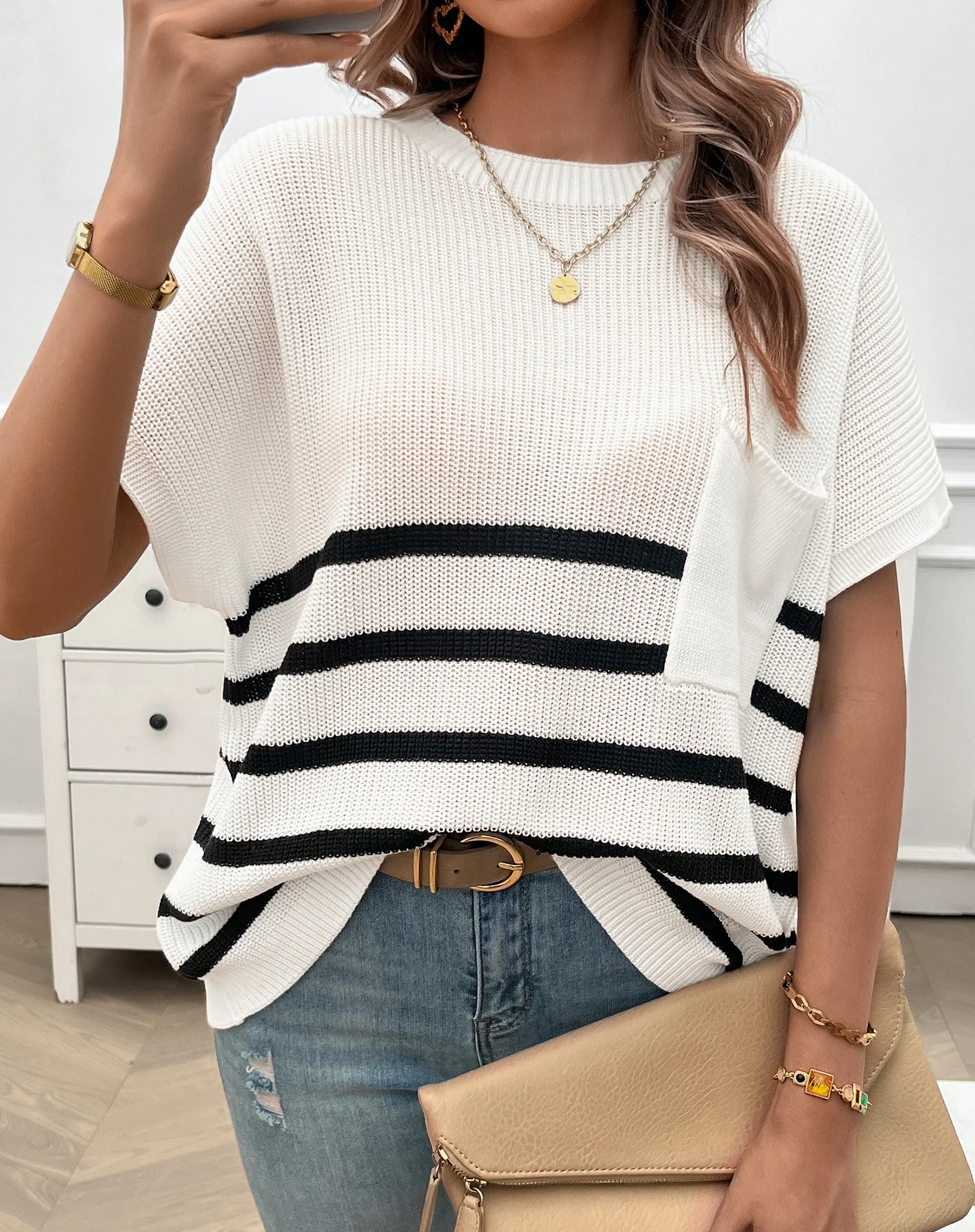 White Textured Striped Top - Image 2