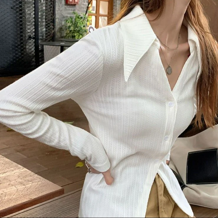 White Textured V Neck Shirt - Image 2