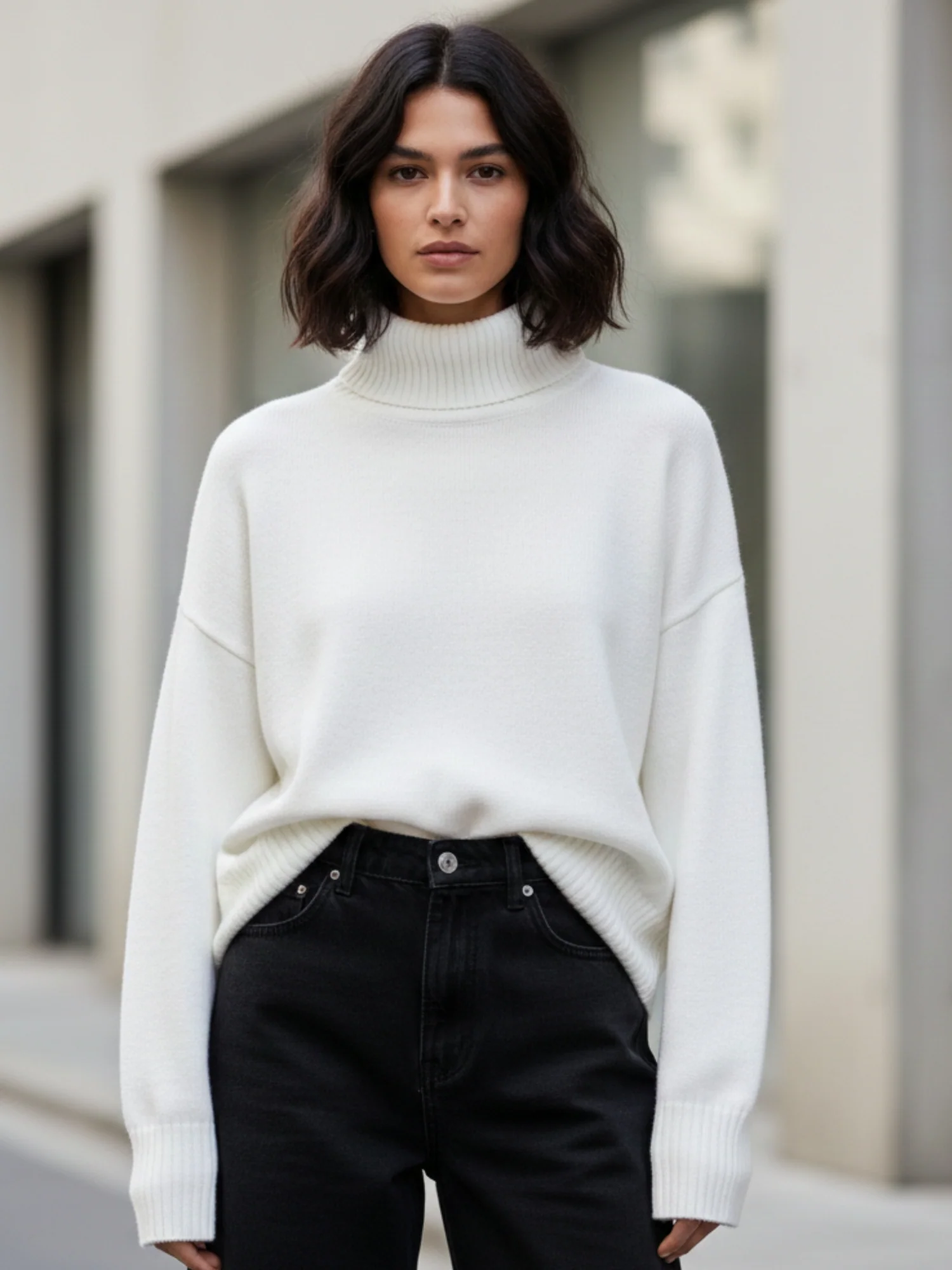 White Turtle Neck Oversized Solid Sweater