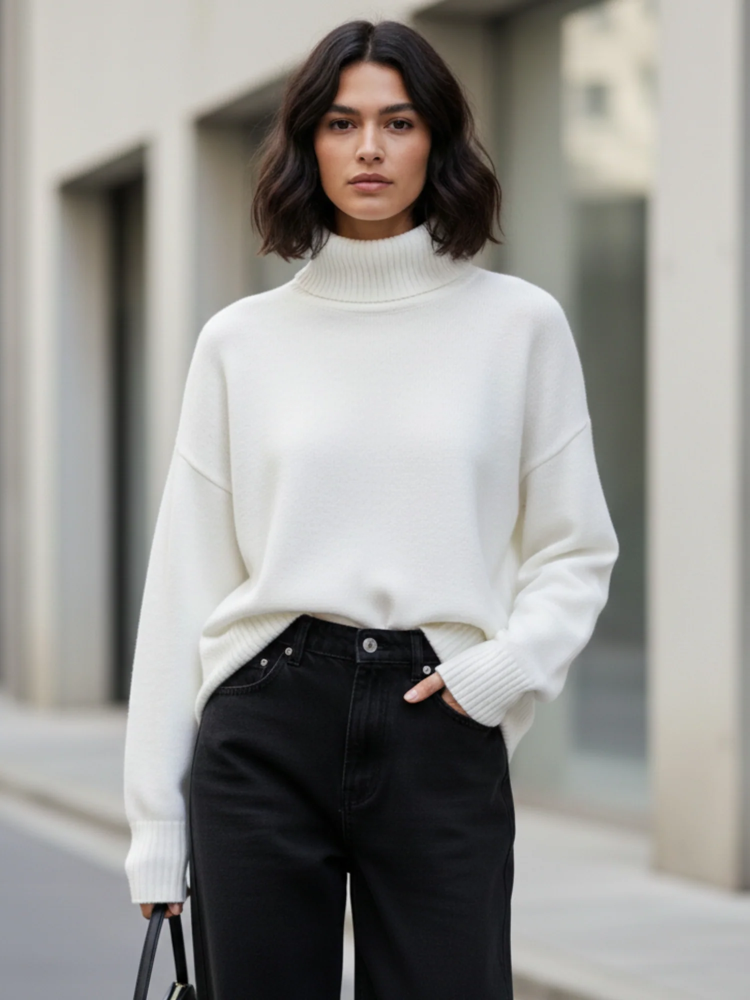 White Turtle Neck Oversized Solid Sweater - Image 2