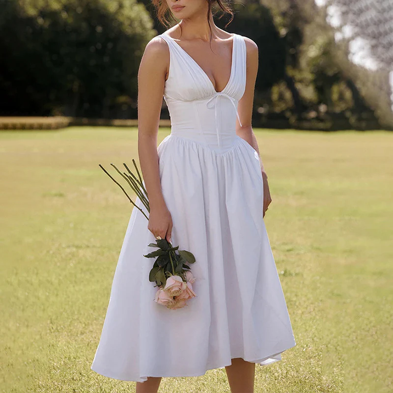 White V Neck Corset Flared Dress - Image 2