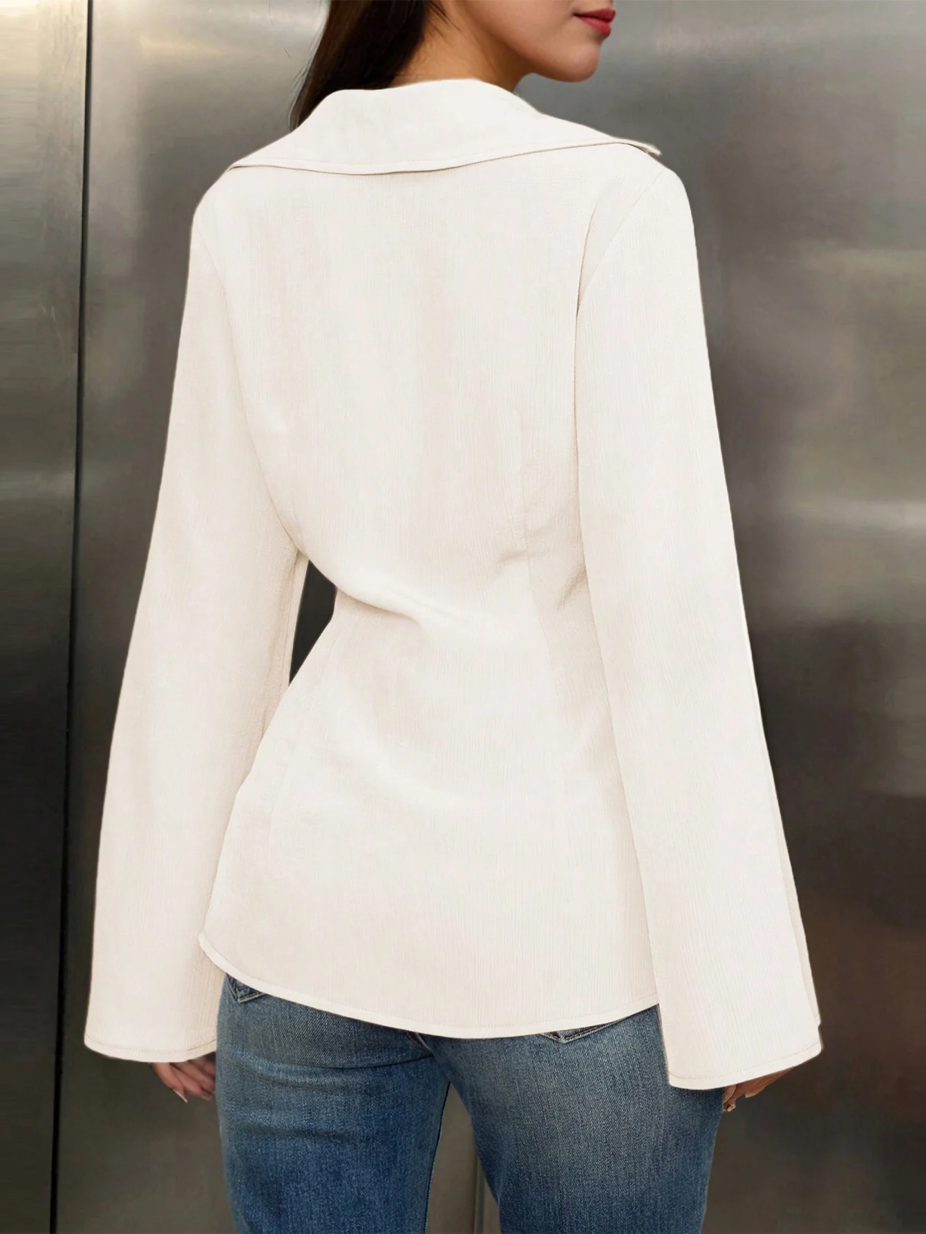 White V-Neck Long Sleeve Shirt - Image 2