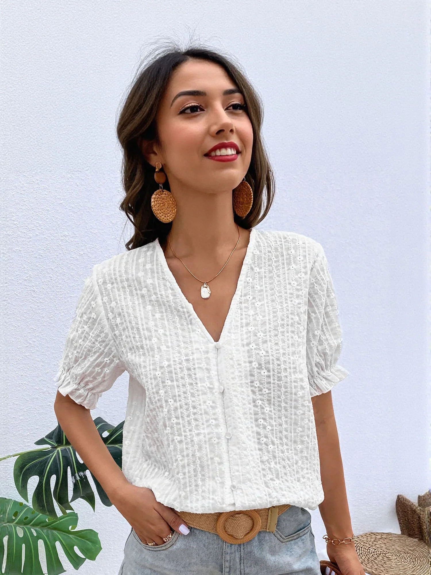 White V Neck Textured Blouse - Image 2