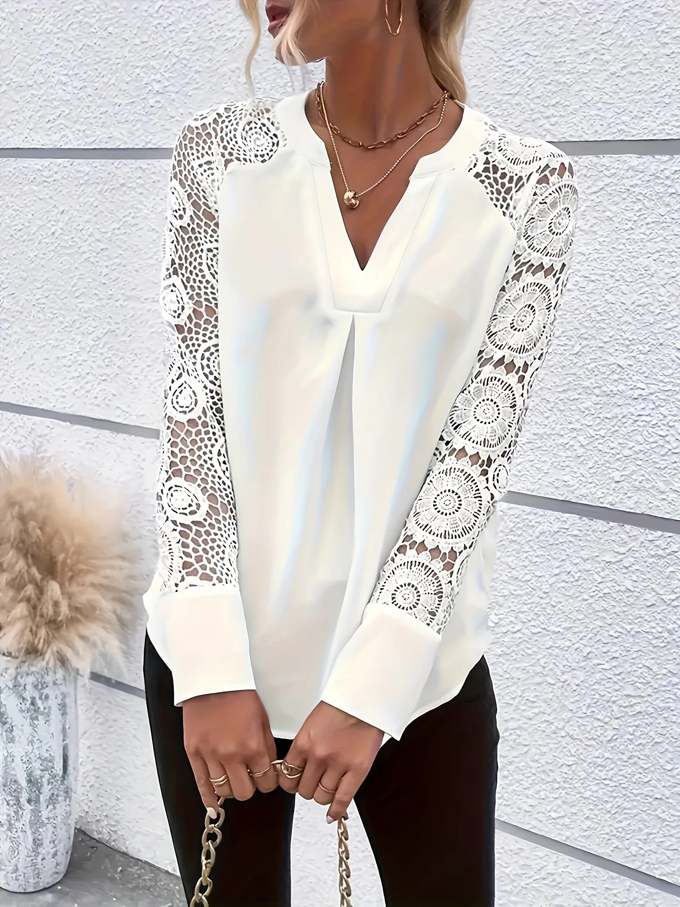 White V Neck Top With Lace Inserts - Image 2