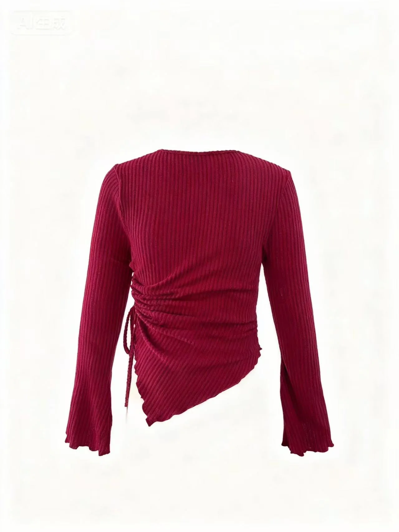 Wine Bell Sleeve Side Ruched Top - Image 2